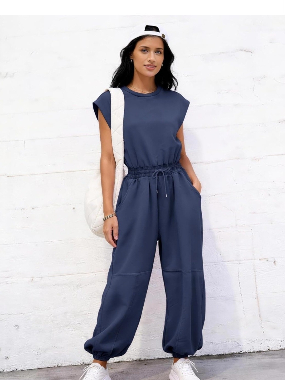 Flygo Casual Jumpsuit Crewneck Cap Sleeve Long Wide Leg Romper - Picture 5 of 14